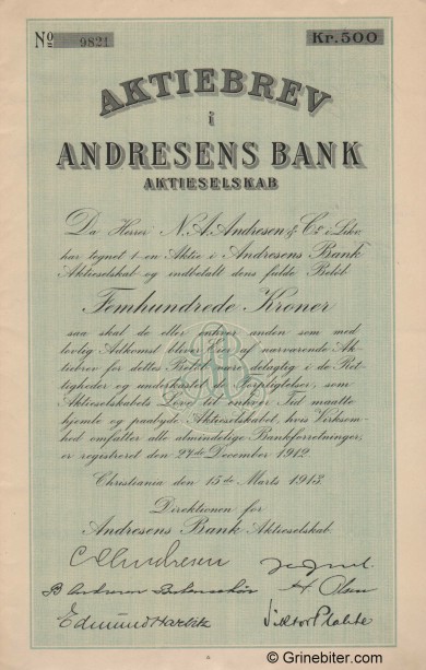 Andresens Bank A/S - Picture of Norwegian Bank Certificate