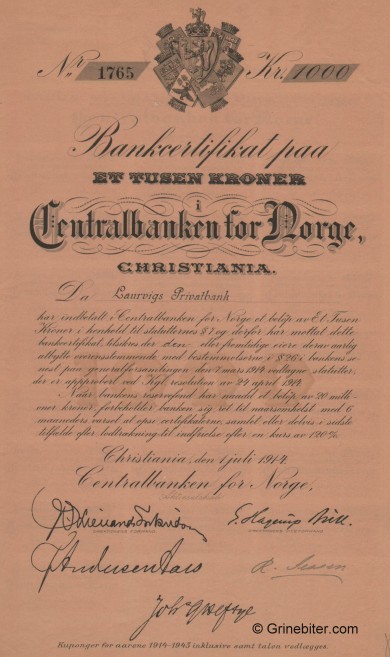 Centralbanken for Norge aksjebrev old stock Certificate