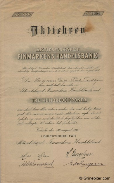 Finmarkens Handelsbank Aksjebrev old stock Certificate