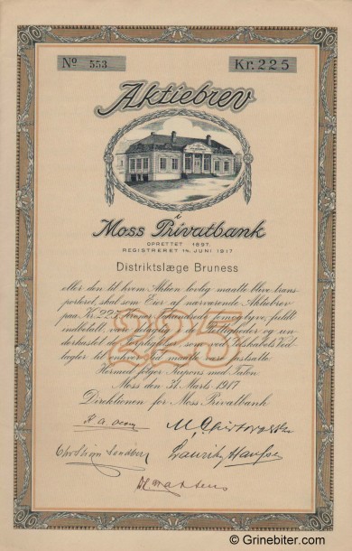 Moss Privatbank aksjebrev old stock Certificate