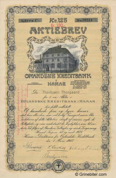 Oplandske Kreditbank i Hamar aksjebrev old stock Certificate