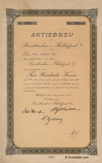 Privatbanken i Flekkefjord aksjebrev old stock Certificate