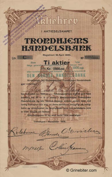 Trondhjems Handelsbank aksjebrev old stock Certificate