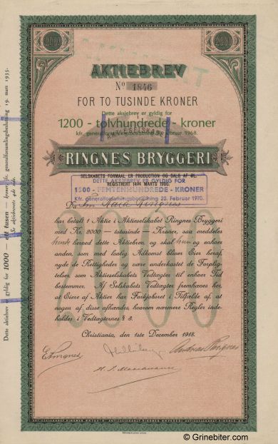 Ringnes Bryggeri old stock Certificate