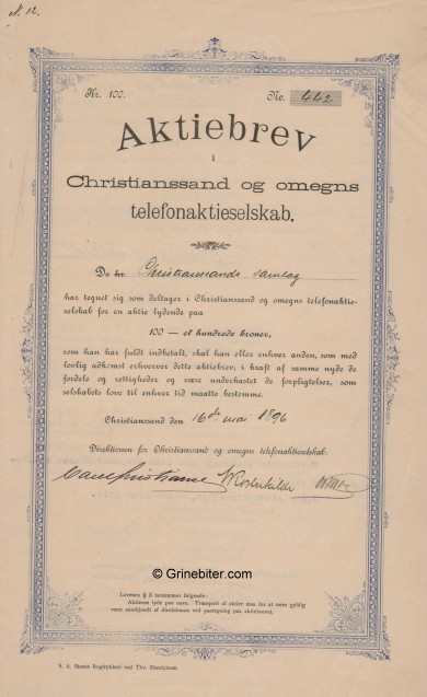 Christiansand og Omegn Telefonaktieselskab aksjebrev old stock Certificate