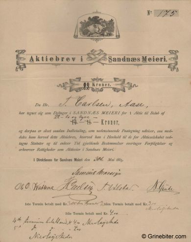 Sandnes Meieri aksjebrev old stock Certificate