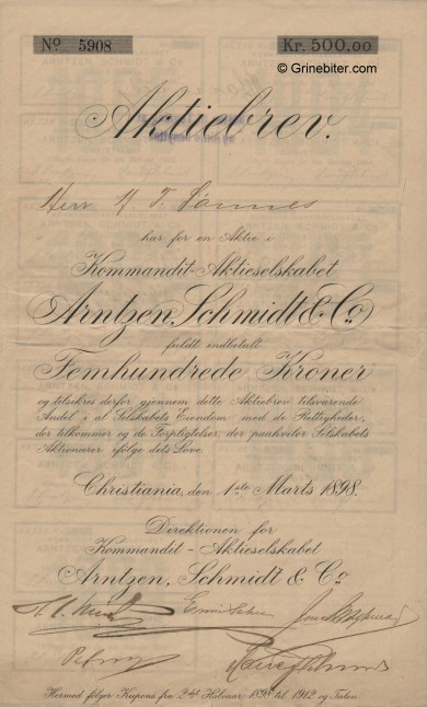 Arentzen, Schmidt og Kommandit - old stock Certificate
