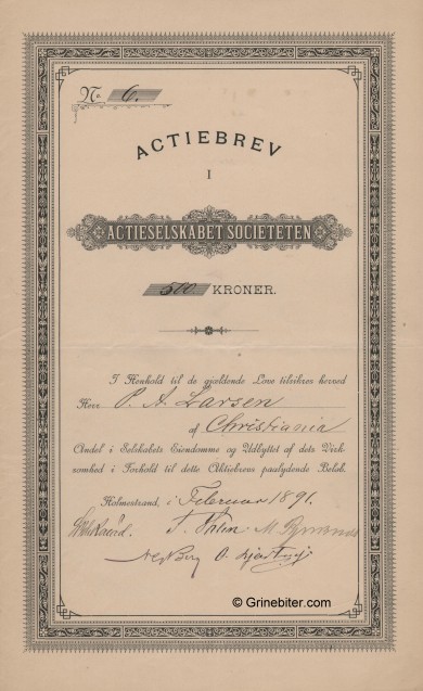Societeten aksjebrev old stock Certificate