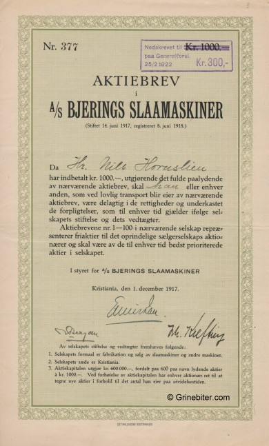 BjeringsSlaamaskiner aksjebrev stock Certificate