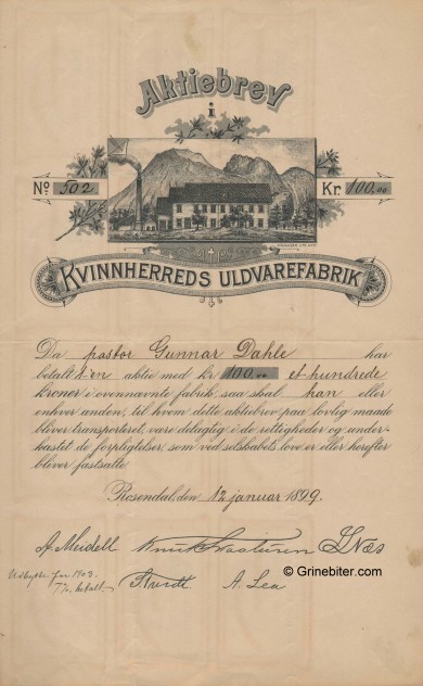 Kvinnherreds Uldvarefabrik aksjebrev old stock Certificate