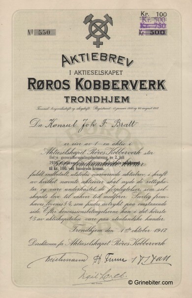 Røros Kobberverk aksjebrev old stock Certificate