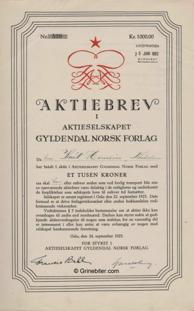 Gyldendal Norsk Forlag aksjebrev old stock Certificate