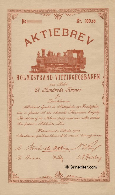 Holmestrand-Vittingfossbanen aksjebrev old stock Certificate