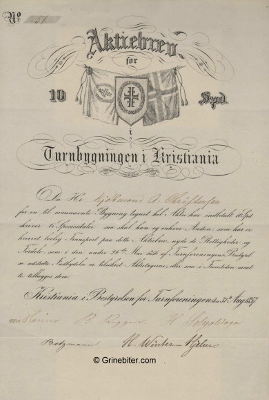 Turnbygningen i Christiania aksjebrev old stock Certificate