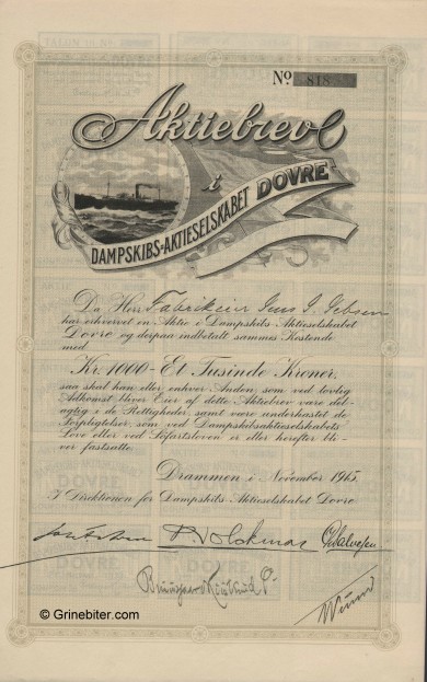 Dovre Skib aksjebrev old stock certificate