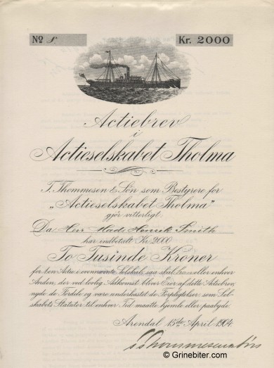 Tholma aksjebrev old stock Certificate