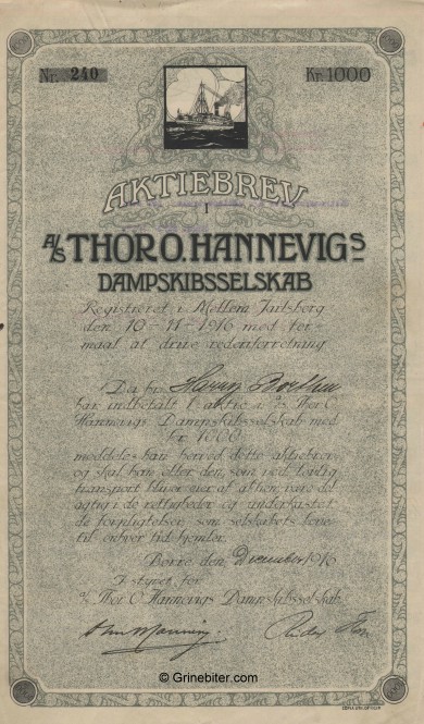 Thor O. Hannevigs dampskibsselskap aksjebrev old stock Certificate