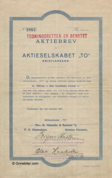 TO aksjebrev stock Certificate