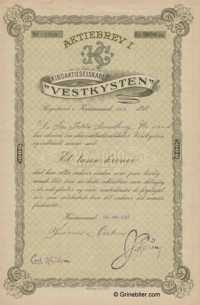 Vestkysten Skibs aksjebrev old stock Certificate
