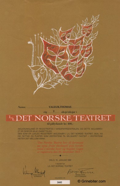Det Norske Teater aksjebrev old stock Certificate