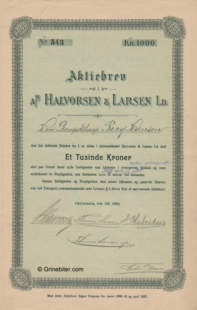Halvorsen & Larsen aksjebrev old stock Certificate
