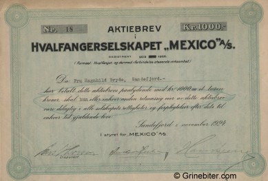 Mexico Hvalfangerselskap aksjebrev old stock Certificate