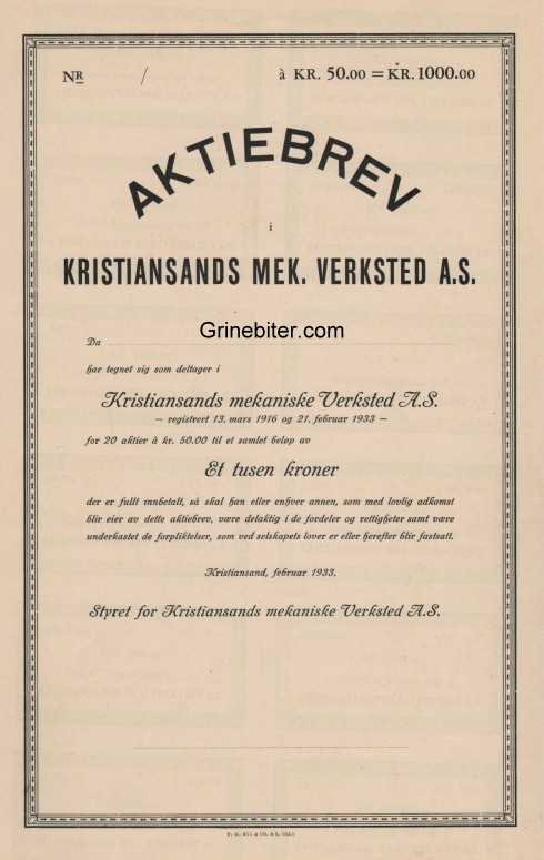 Kristiansands Mek Verksted Aksjebrev 