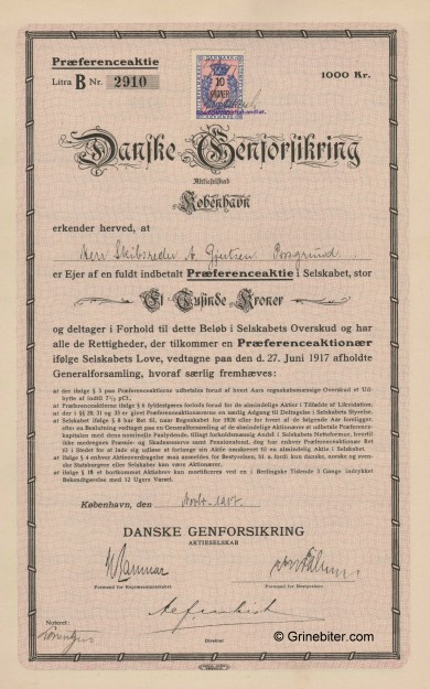 Danske Genforsikring A/S Stock Certificate Aksjebrev
