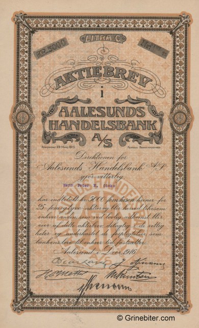 Aalesunds Handelsbank - Picture of Norwegian Bank Certificate