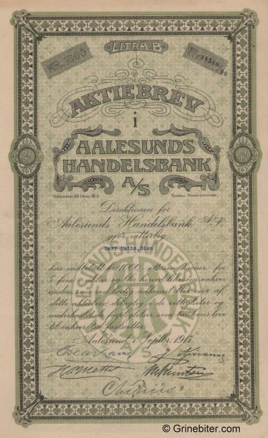Aalesunds Handelsbank - Picture of Norwegian Bank Certificate