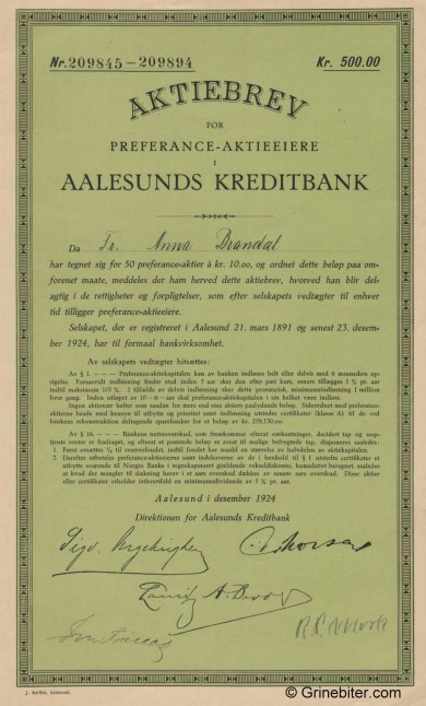 Aalesunds Kreditbank A/S - Picture of Norwegian Bank Certificate