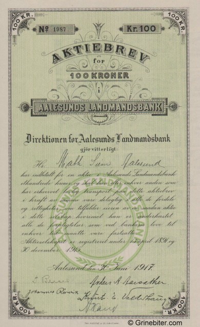Aalesunds Landmands BK - Picture of Norwegian Bank Certificate