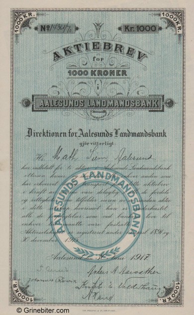 Aalesunds Landmands BK - Picture of Norwegian Bank Certificate