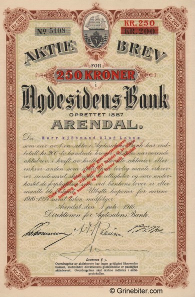 Agdesidens Bank A/S - Picture of Norwegian Bank Certificate