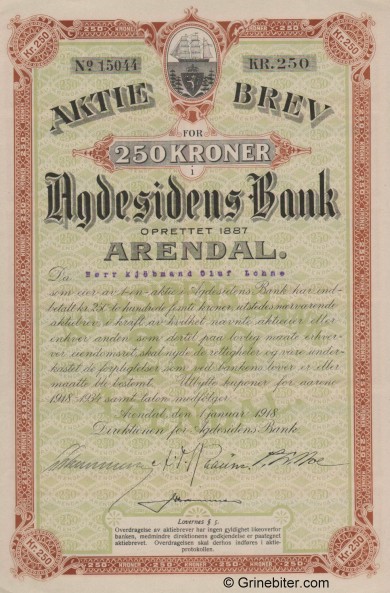 Agdesidens Bank A/S - Picture of Norwegian Bank Certificate