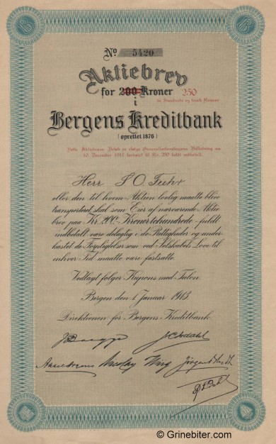Bergens Kreditbank A/S - Picture of Norwegian Bank Certificate