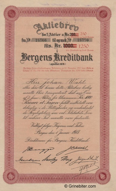 Bergens Kreditbank A/S - Picture of Norwegian Bank Certificate
