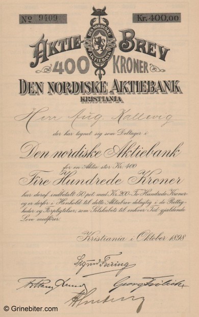 Den Nordenfjeldske K/Bank - Picture of Norwegian Bank Certificate