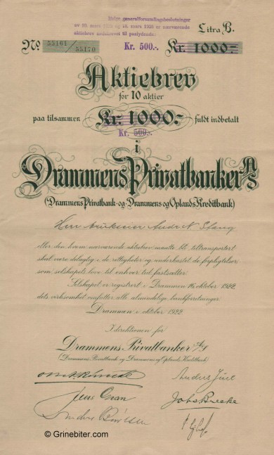 Drammens Privatbank A/S - Picture of Norwegian Bank Certificate