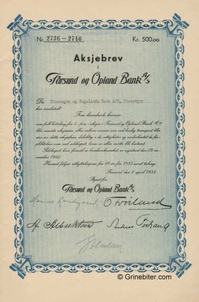 Farsunds og Oplands Privatbank Aksjebrev old stock Certificate
