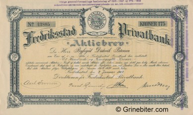 Fredrikstad Privatbank A/S - Picture of Norwegian Bank Certificate
