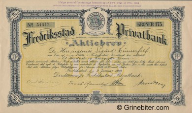 Fredrikstad Privatbank A/S - Picture of Norwegian Bank Certificate