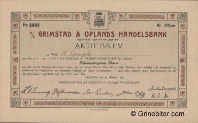 Grimstad & Oplands Handelsbank - Picture of Norwegian Bank Certificate