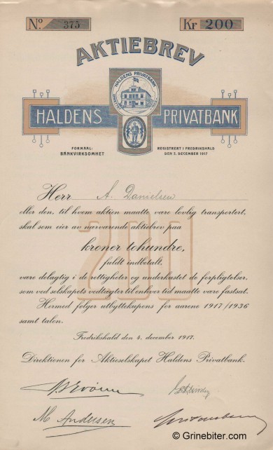Haldens Privatbank A/S - Picture of Norwegian Bank Certificate