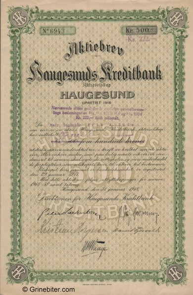 Haugesunds Kreditbank - Picture of Norwegian Bank Certificate