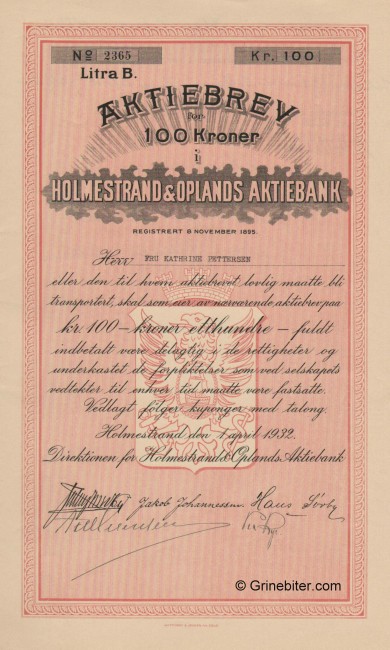 Holmestrand & Oplands AB - Picture of Norwegian Bank Certificate