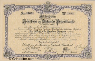 Hnefoss og Oplands PB - Picture of Norwegian Bank Certificate
