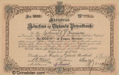Hnefoss og Oplands PB - Picture of Norwegian Bank Certificate