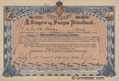 Krager og Omegns Privatbank - Picture of Norwegian Bank Certificate