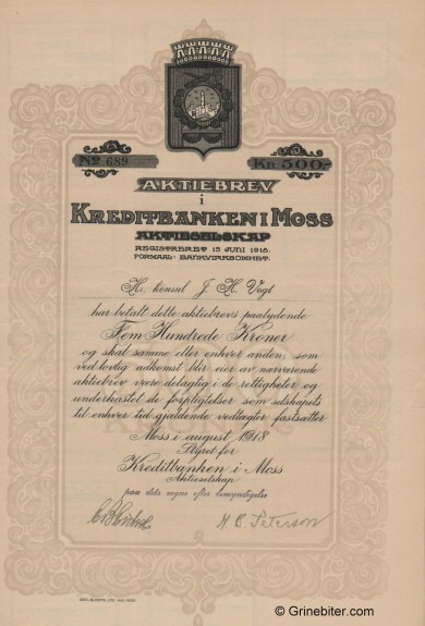 Kreditbanken in Moss A/S - Picture of Norwegian Bank Certificate